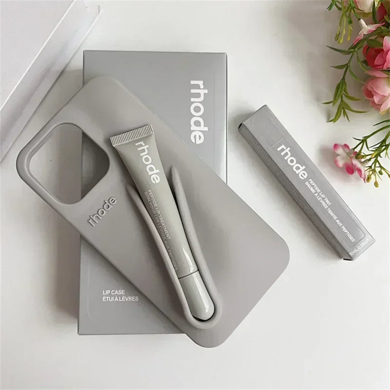 RHODE Lip Gloss Phone Case For iPhone 17 Air 16 15 14 13 12 11 Pro Max Gray Toast Espresso Ribbon Lipstick Holder Silicone Cover