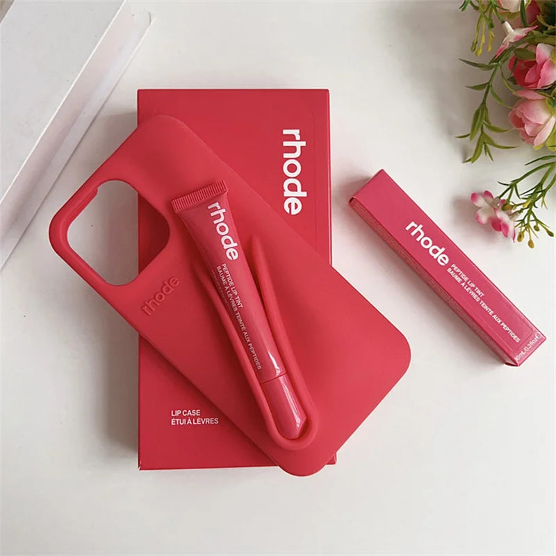RHODE Lip Gloss Phone Case For iPhone 17 Air 16 15 14 13 12 11 Pro Max Gray Toast Espresso Ribbon Lipstick Holder Silicone Cover