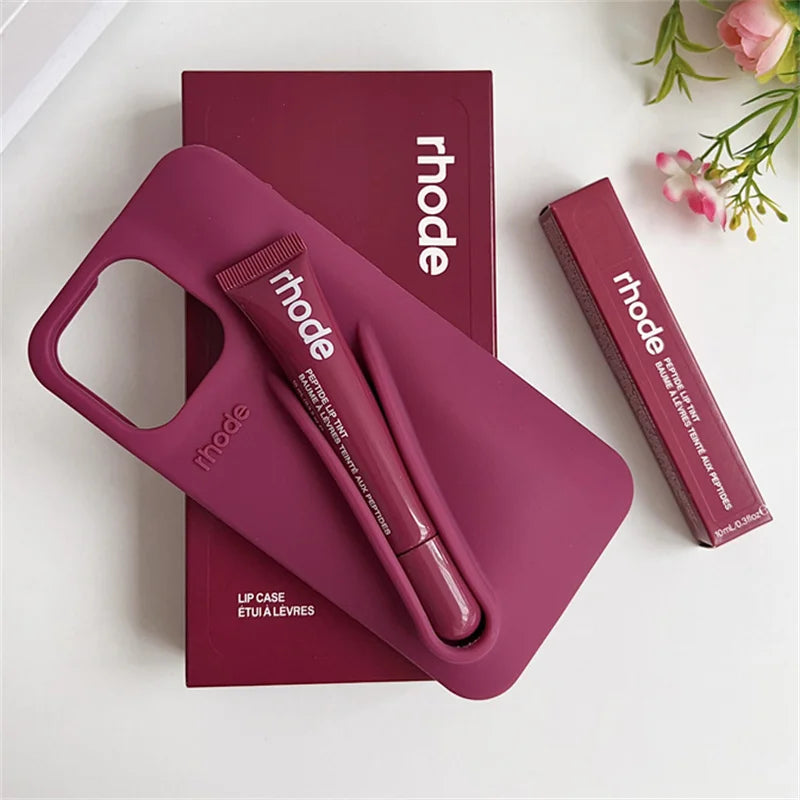RHODE Lip Gloss Phone Case For iPhone 17 Air 16 15 14 13 12 11 Pro Max Gray Toast Espresso Ribbon Lipstick Holder Silicone Cover