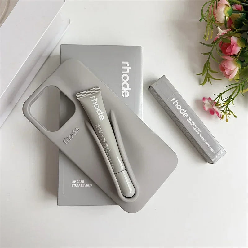 RHODE Lip Gloss Phone Case For iPhone 17 Air 16 15 14 13 12 11 Pro Max Gray Toast Espresso Ribbon Lipstick Holder Silicone Cover