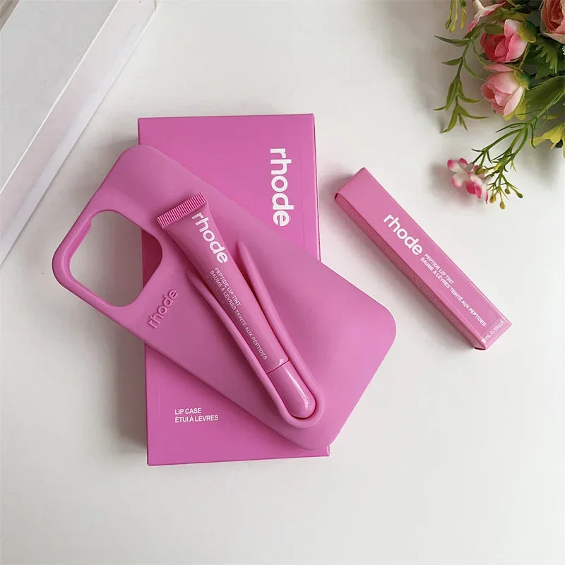 RHODE Lip Gloss Phone Case For iPhone 17 Air 16 15 14 13 12 11 Pro Max Gray Toast Espresso Ribbon Lipstick Holder Silicone Cover