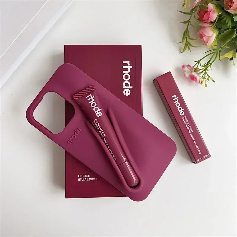 RHODE Lip Gloss Phone Case For iPhone 17 Air 16 15 14 13 12 11 Pro Max Gray Toast Espresso Ribbon Lipstick Holder Silicone Cover