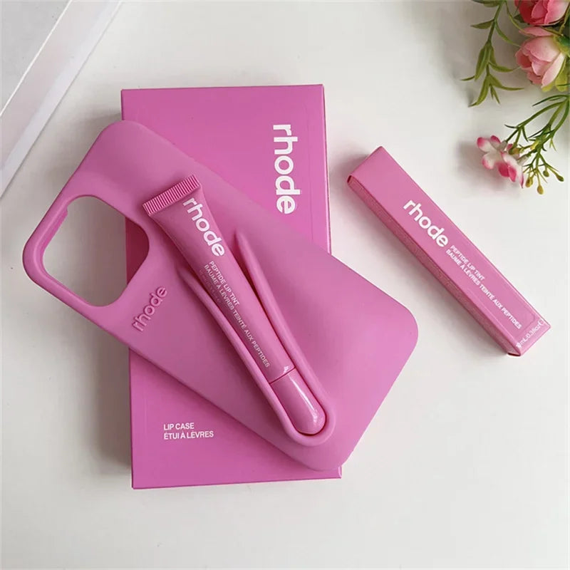 RHODE Lip Gloss Phone Case For iPhone 17 Air 16 15 14 13 12 11 Pro Max Gray Toast Espresso Ribbon Lipstick Holder Silicone Cover