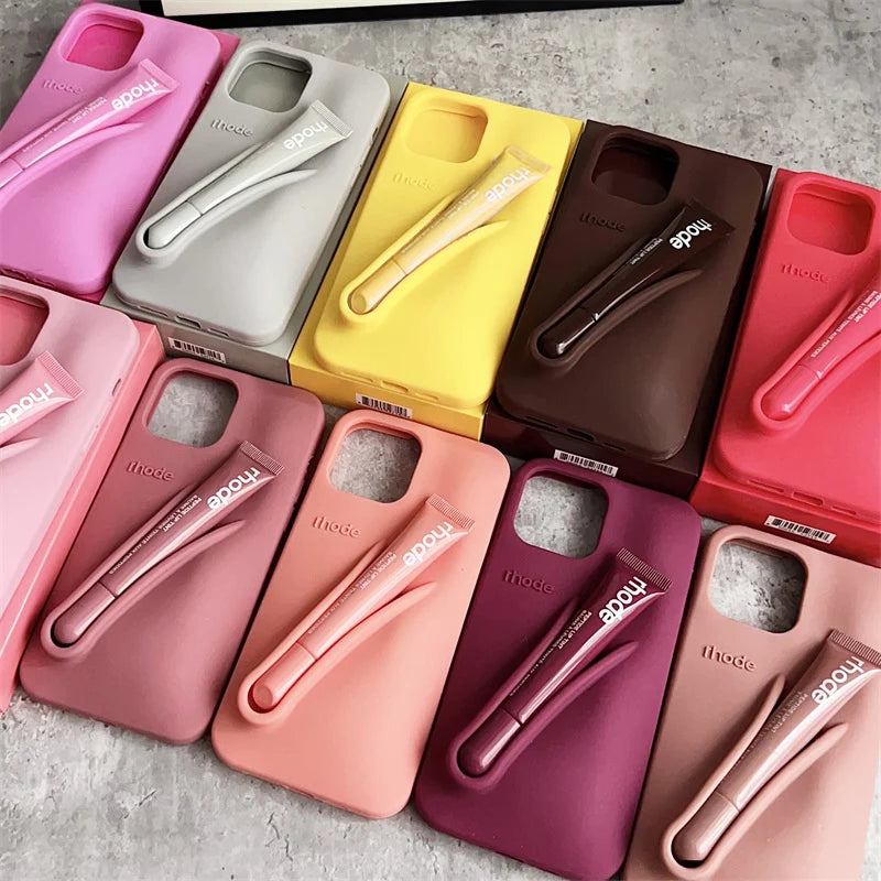 RHODE Lip Gloss Phone Case For iPhone 17 Air 16 15 14 13 12 11 Pro Max Gray Toast Espresso Ribbon Lipstick Holder Silicone Cover
