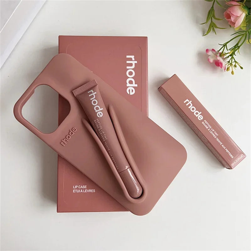 RHODE Lip Gloss Phone Case For iPhone 17 Air 16 15 14 13 12 11 Pro Max Gray Toast Espresso Ribbon Lipstick Holder Silicone Cover