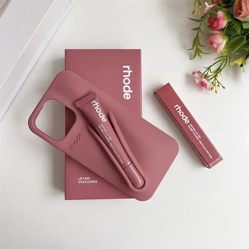 RHODE Lip Gloss Phone Case For iPhone 17 Air 16 15 14 13 12 11 Pro Max Gray Toast Espresso Ribbon Lipstick Holder Silicone Cover