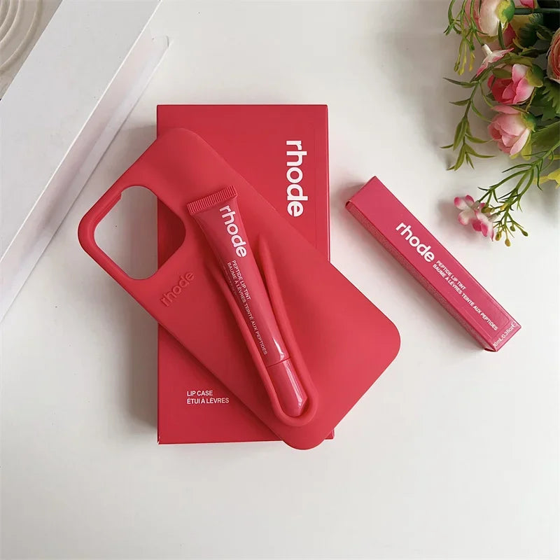 RHODE Lip Gloss Phone Case For iPhone 17 Air 16 15 14 13 12 11 Pro Max Gray Toast Espresso Ribbon Lipstick Holder Silicone Cover