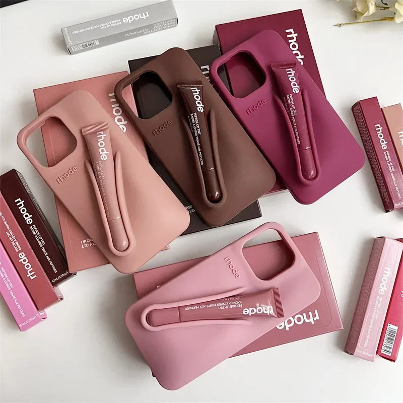 RHODE Lip Gloss Phone Case For iPhone 17 Air 16 15 14 13 12 11 Pro Max Gray Toast Espresso Ribbon Lipstick Holder Silicone Cover