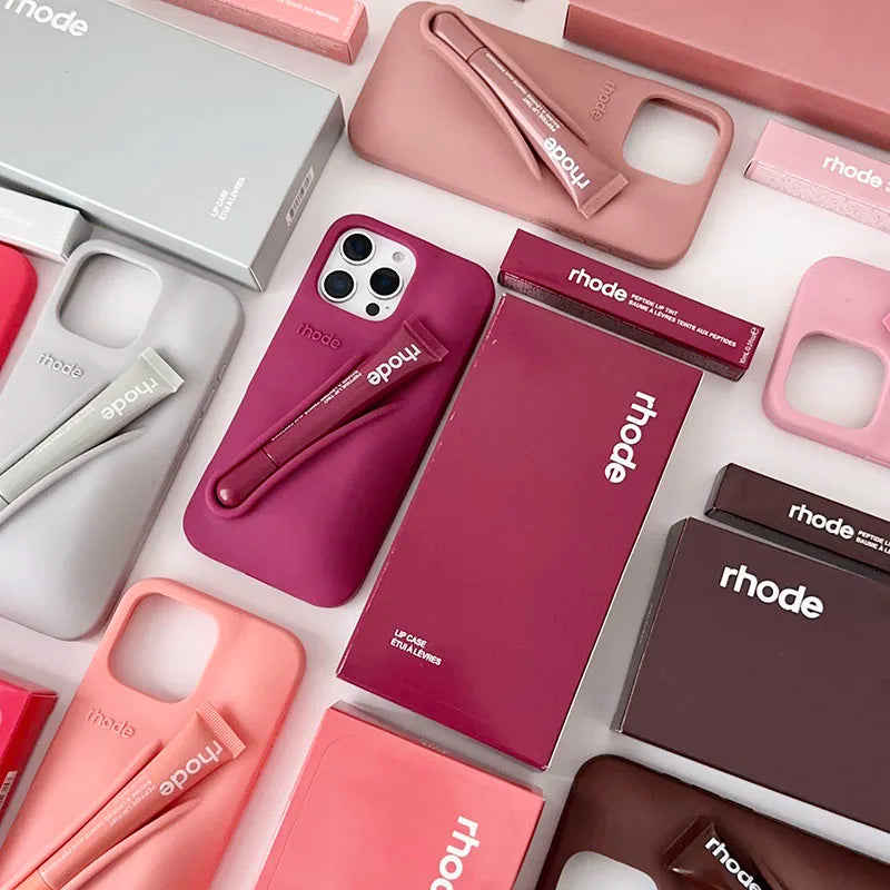 RHODE Lip Gloss Phone Case For iPhone 17 Air 16 15 14 13 12 11 Pro Max Gray Toast Espresso Ribbon Lipstick Holder Silicone Cover